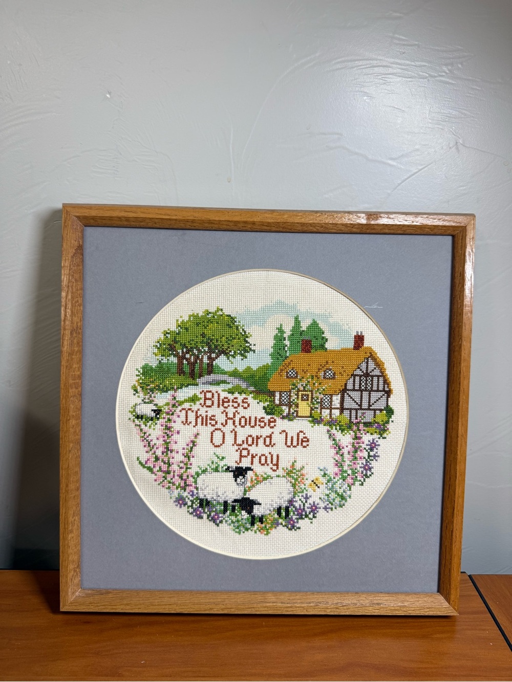 Vintage CrossStitch “Bless this House o Lord we Pray” Cottagecore Framed Matted